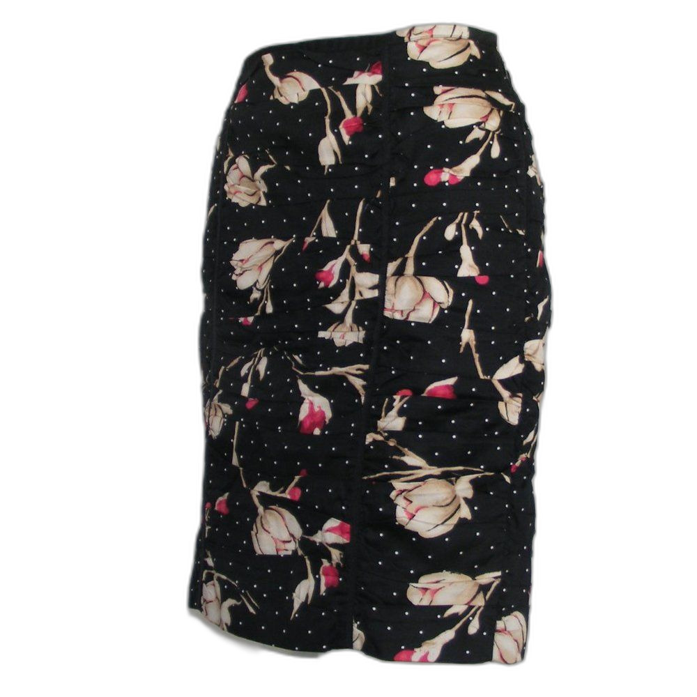 WHBM Skirt, 8, Black/Tan & Pink Floral/White Polka Dots, Ruched, Romantic,wiggle - Picture 3 of 10
